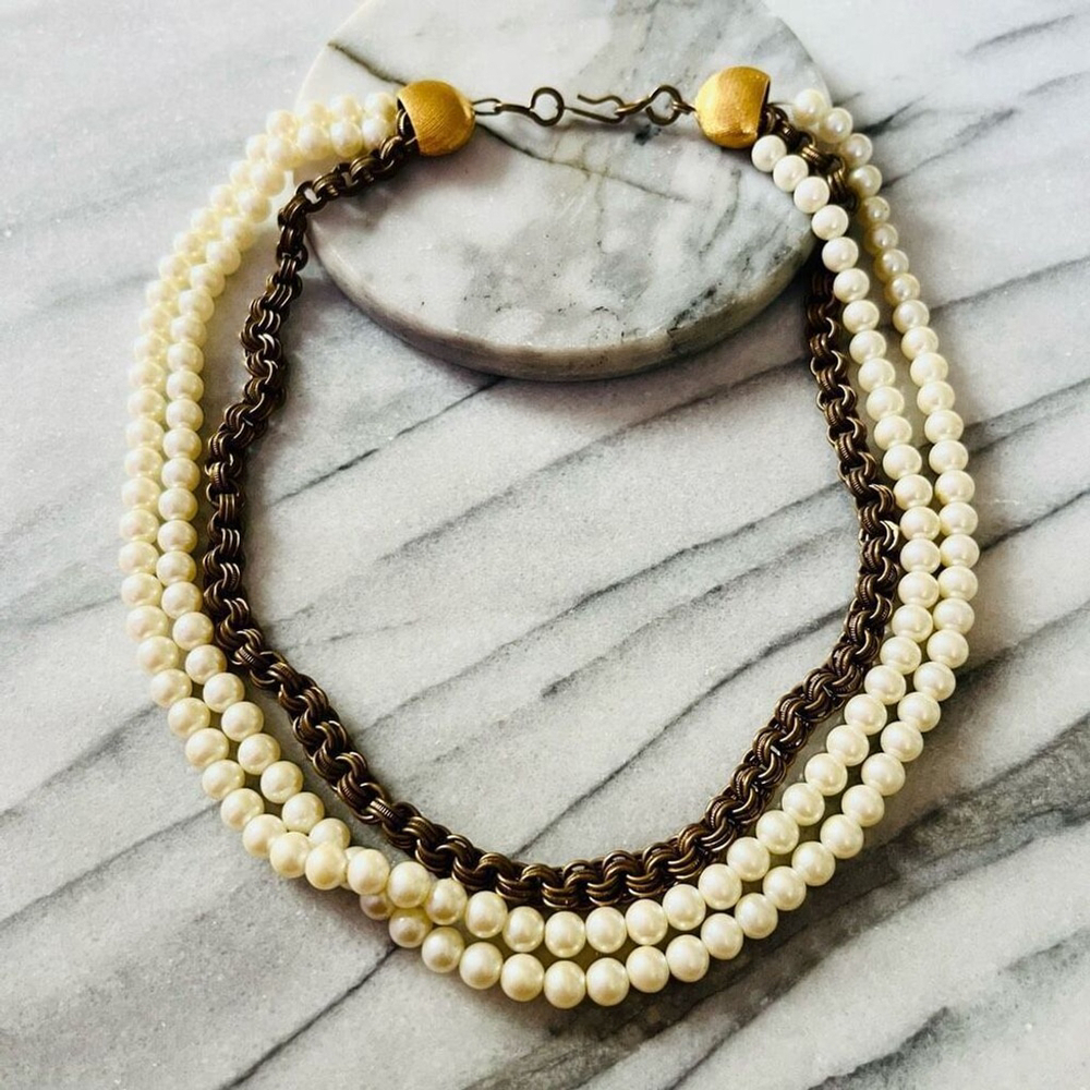 Vintage‎ Pearl and Chain Layered Necklace Gold Toned Metal Faux Beads MCM Retro